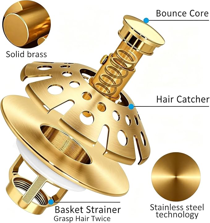 AzWzz Bathroom Sink Drain Strainer, 3 in 1 Pop Up Bathroom Sink Stopper Plug with Hair Catcher Cover, Universal for 1.06 in to 1.6 in Sink Drain, Brushed Gold