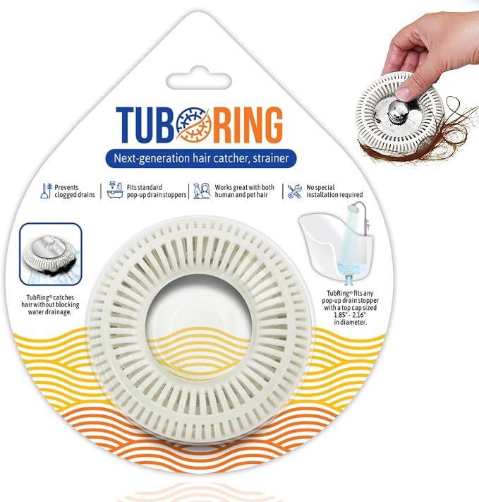 TubRing Pop-Up Drain Protector & Strainer Silicone Hair Catcher, White | Easy snap-in design fits around bathtub stoppers. Customizable utility guard for clog prevention. Fits 1.85"- 2.16" drains.