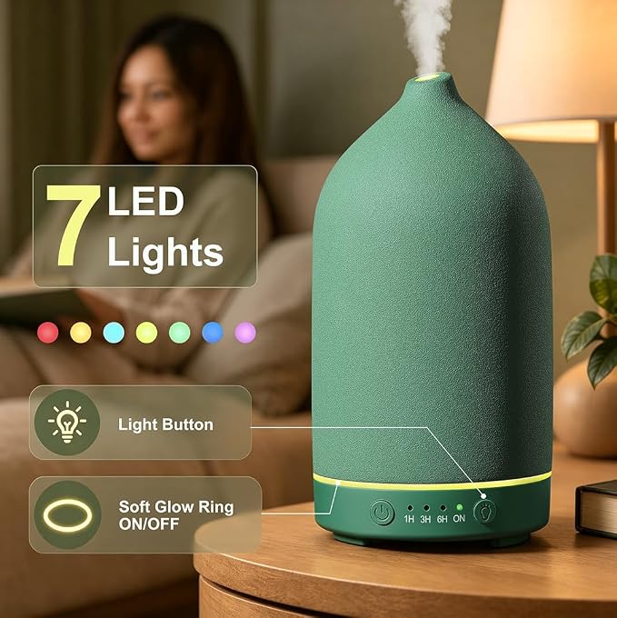 200ML Ceramic Essential Oil Diffuser for Home, Stone Diffuser | Ultrasonic Aromatherapy Diffuser & Air Humidifier for Bedroom, Office, Yoga, 7 LED Lights, Auto Shut-Off, 3 Timers, Green