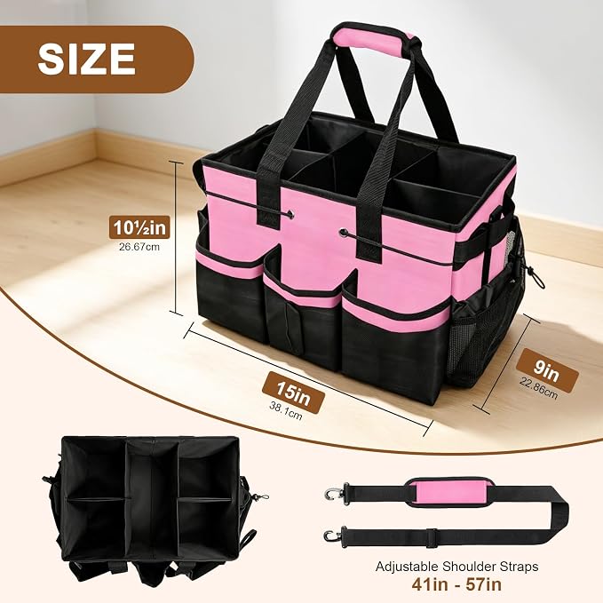 ALSLEA Large Cleaning Caddy Bag - 15" x 10.5" x 9" Heavy-Duty Organizer Tote for Housekeepers, Janitors & Home Cleaning Supplies with Adjustable Shoulder Strap & Multiple Pockets (Pink)