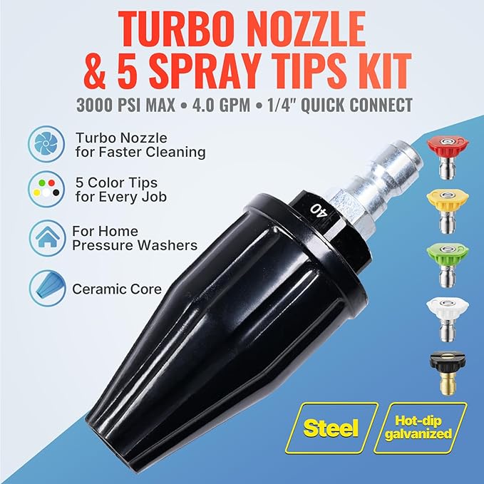 YAMATIC Pressure Washer Turbo Nozzle 5 Spray Nozzles, 3000 PSI 4.0 GPM | 1/4" Quick Connector 360° Rotating Tips, Compatible with Ryobi, Greenworks, Craftsman, Troybilt, Simpson