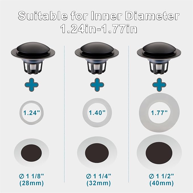 WELSAN Matte Black Bathroom Sink Drain Stopper 1 1/8"-1 1/2" Drain, 2 Pack | Bathroom Sink Stopper Replacement, Universal Pop-Up Drain Stopper Plug Strainer with Hair Catcher, Anti-Clogging Design
