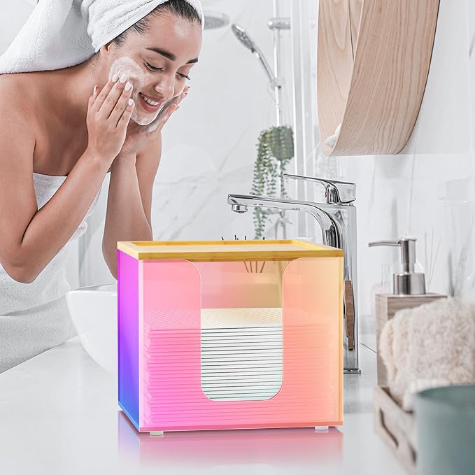 VITVITI Disposable Face Towel Holder for Clean Skin Club, Acrylic Box | Rainbow XL Face Towels Holder Container, Facial Towel Storage with Bamboo Lid, for Bathroom, Vanity Makeup