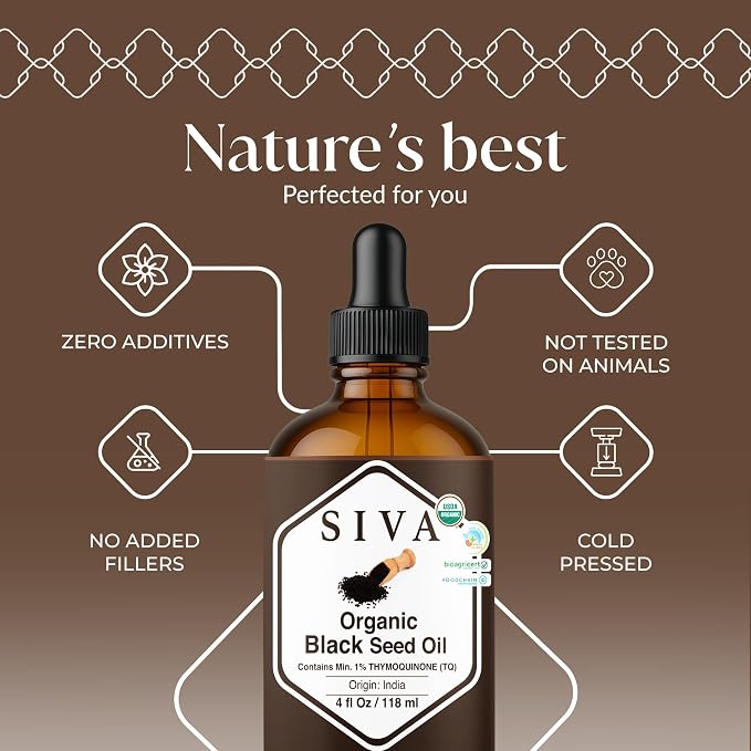 SIVA ORGANICS Black Seed Carrier Oil with Dropper, 4 Fl Oz (118 ml) | Organic Black Seed Oil for Hair Care, Hair Oiling, Scalp Massage, Skin Care, Body Massage & DIY Recipes in Glass Bottle
