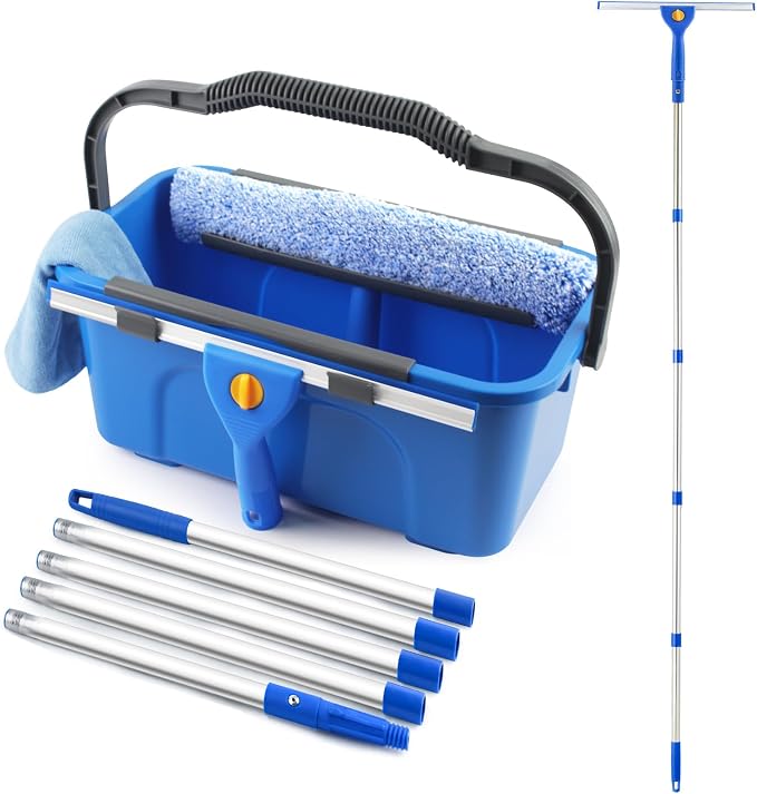Window Cleaning Kit with Bucket, Squeegee and Scrubber for Home, Commercial | Professional High Windows Washing Kit, 76" Long Handle Window Squeegee & Scrubber, 3 Gal Bucket, Complete Window Cleaner Tool