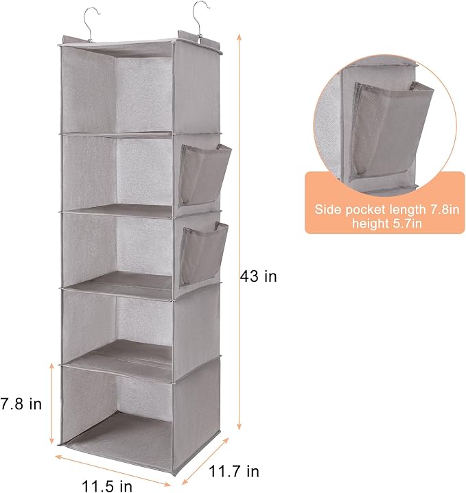 BOOMIBOO Hanging Closet Organize and Shelves,5-Hanging Shelf（Light Grey） | with 2 Side Pockets，Storage Foldable