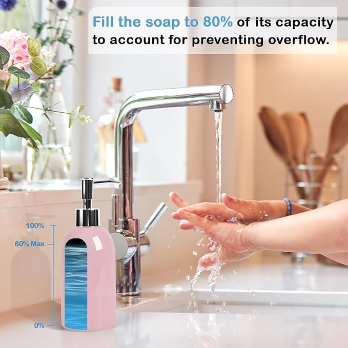 Natheeph 14OZ Ceramic Soap Dispenser Ceramic Soap Pump Dispenser Can Fill Liquid for Bathroom/Kitchen (2PC Pink)