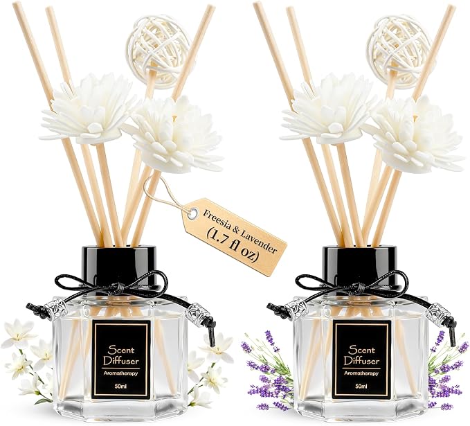 English Pear & Freesia + Lavender Reed Diffuser for Bathroom, 2PCS 1.7 fl oz Essential Oil Diffuser Sticks | Home Air Freshener Fragrance with 6 Reeds for Diffuser | Smell Good for Home Shelf Decor