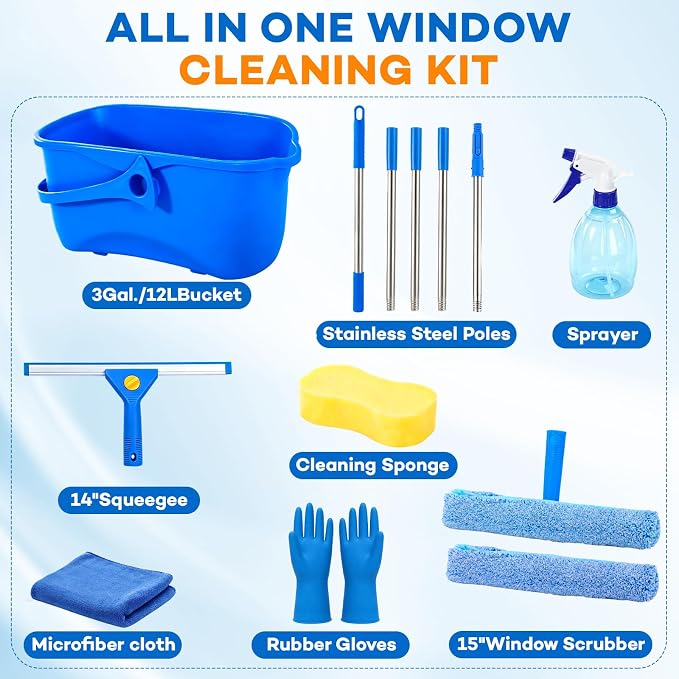 ALOTIKI 9Pcs Window Cleaning Kit with 3 Gal Cleaning Bucket & 81" Squeegee | Professional Window Washing Kit with Extension Pole, Squeegee and Scrubber, Window Cleaner Tool for Shower Glass & Commercial