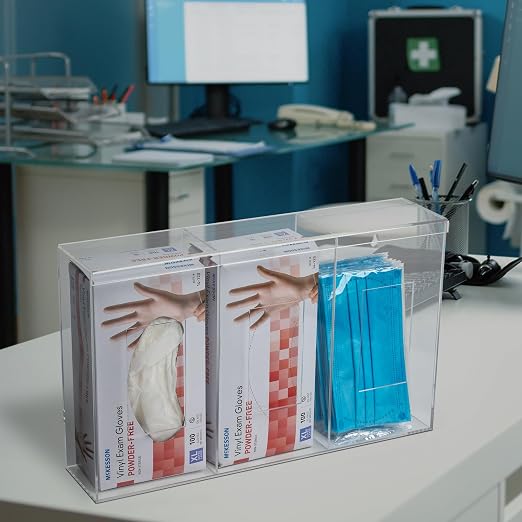 IneVibe 3 Compartment Hygiene Holder with Lid for Home or Office (Triple) | Triple Acrylic Dispenser For Hairnets, Glove Boxes, Face Masks, Plastic Bags, Tissue Boxes, Medical- Countertop or Wall Mount