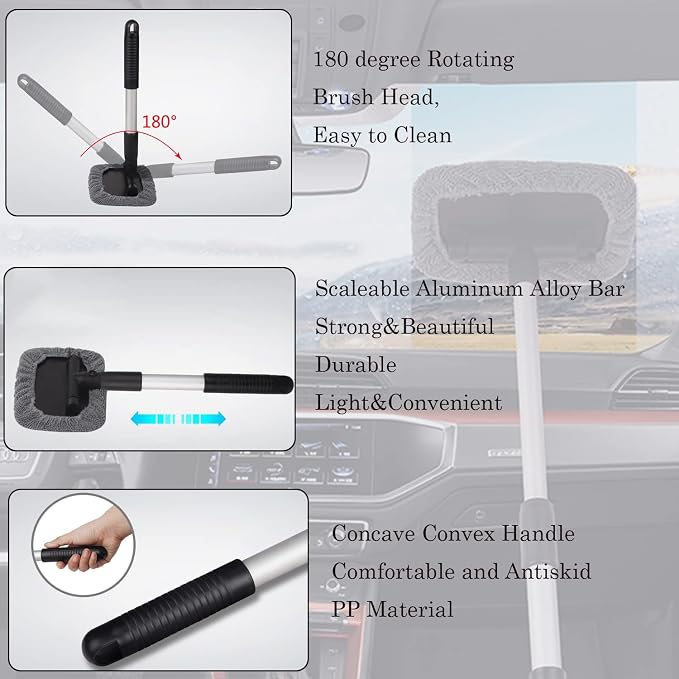 Car Glass Cleaner Wiper,Car Windshield Cleaning Tool, Microfiber Car Window Cleaner with Extendable Handle,Auto Glass Wiper Kit(Gray Square)