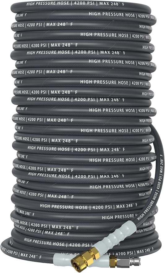 QC Installed Pressure Washer Hose 200 ft, 4200 PSI Flexible & Kink-Resistant, Steel-Braided & Durable, Power Washer Hose with 3/8" 360° Swivel Quick Connect, Hot/Cold Water Compatible, Gray