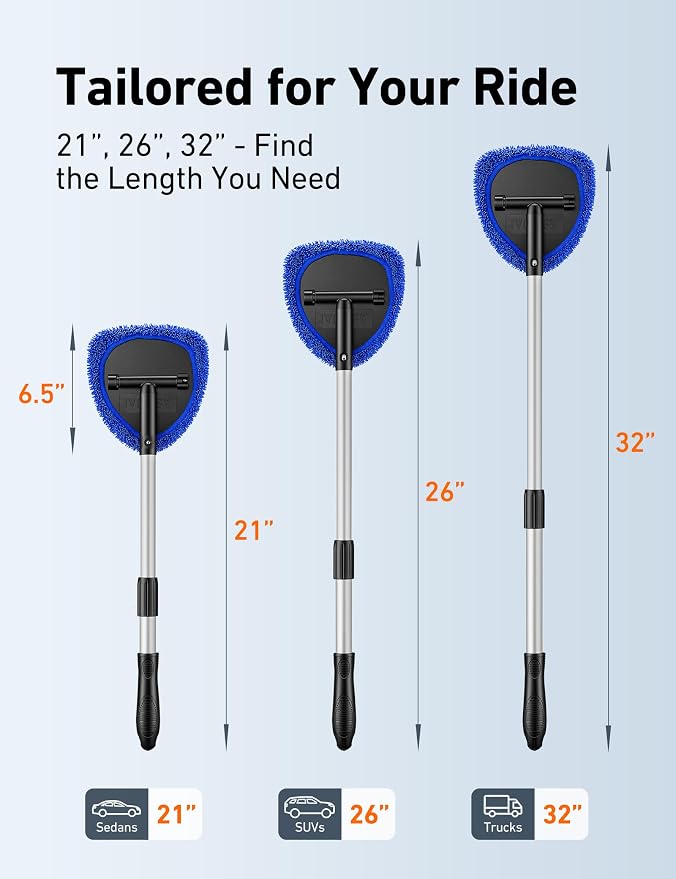 AstroAI 32" Ultra-Long Windshield Cleaner Tool, Car Interior Window Detailing Cleaning Kit with Extendable Handle and 4 Upgraded Reusable Microfiber Pads, Auto Glass Wiper Brush Kit for Car&Home, Blue