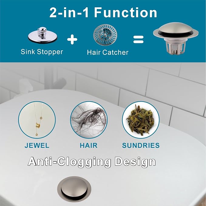 WELSAN Brushed Nickel Sink Stopper Bathroom Drain 1 1/8"-1 1/2", 2 Pack | Bathroom Sink Stopper Replacement, Universal Pop-Up Drain Stopper Plug Strainer with Hair Catcher, Anti-Clogging Design