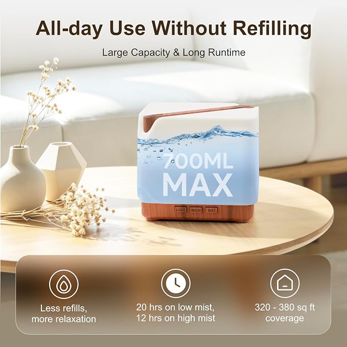 ASAKUKI Essential Oil Diffuser for Home Large 700 ml Humidifier | Automatic Shut-Off, Scent Aromatherapy Diffuser with 7 LED Lights for Living Room, Kitchen, Bedroom, Hotel - Yellow