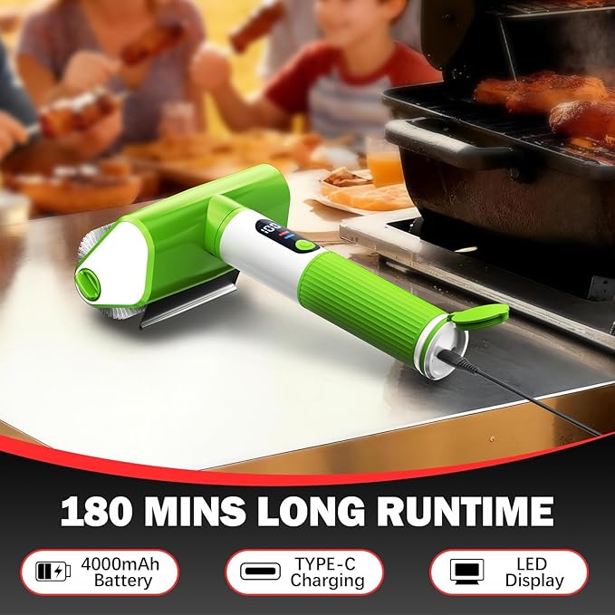 Electric Grill Brush, 2-Speed BBQ Grill Brush with LED Light/Screen Powerful Cleaning 800RPM/4000mAh/2 Brush Heads No Bristle Shedding Rechargeable Lightweight Grill Cleaner for Outdoor/Camping