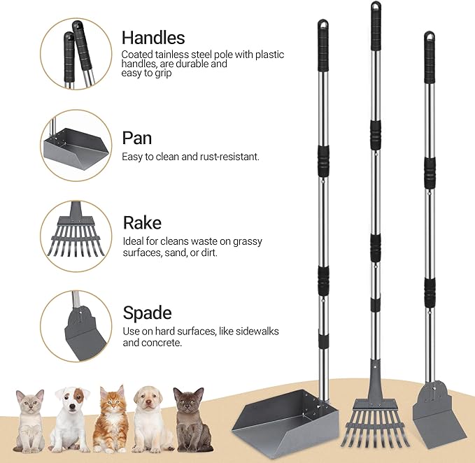Dog Pooper Scooper, Dog Poop Tray and Rake Set with Long Stainless Handles | Pet Waste Removal Scoop with Adjustable Sectional Handles