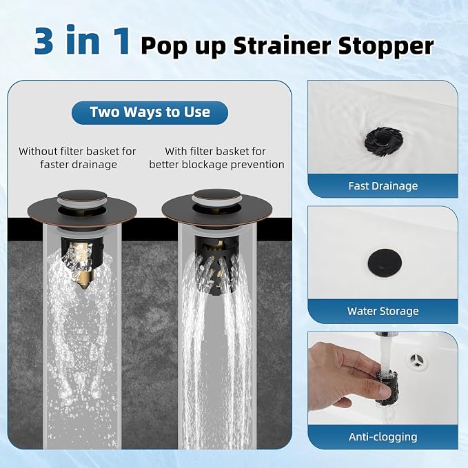 iFealClear All Metal Bathroom Sink Stopper, Pop Up Sink Drain Strainer with Removable Stainless Steel Filter Basket, Universal for 1.1"-2.36" Sink, Brass Bounce Core, Hair Catcher, Oil Rubbed Bronze