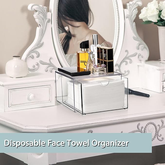 Sumnacon 2 Pack Disposable Face Towel Holder for Bathroom Vanity, Clear Plastic Facial Towels Holder Container with Drawer Storage, Face Towels Case Organizer Compatible with Clean Skin Cluub Towel
