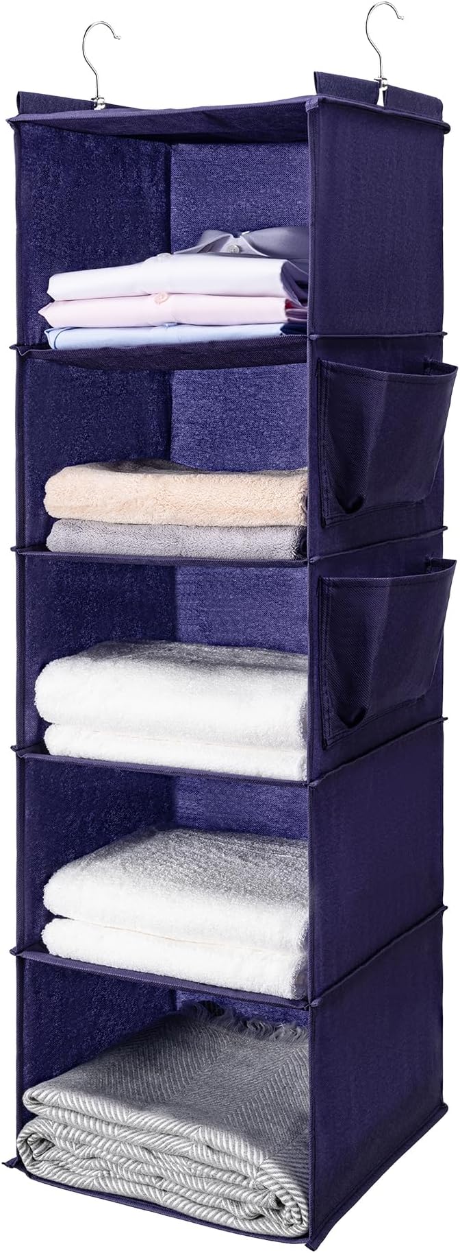 BOOMIBOO Hanging Closet Organize and Shelves,5-Hanging Shelf （Purple） | with 2 Side Pockets，Storage Foldable