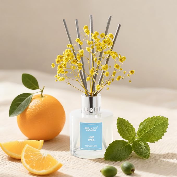 Reed Diffuser Set,3.38 fl oz (100 ml) - Lime Basil Oil Diffusers with 8 Reed Sticks, Home Fragrance Reed Diffuser for Bathroom Shelf Decor