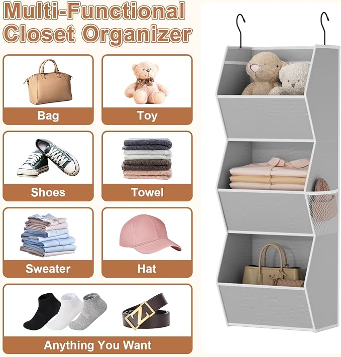 Closet Hanging Organizer with Pockets, 3 Shelf Hanging Clothes Organizers | Kids Closet Organizers and Storage for Clothes Fabric Hanging Storage Bins for Wardrobe Closet Organization and Storage, Grey