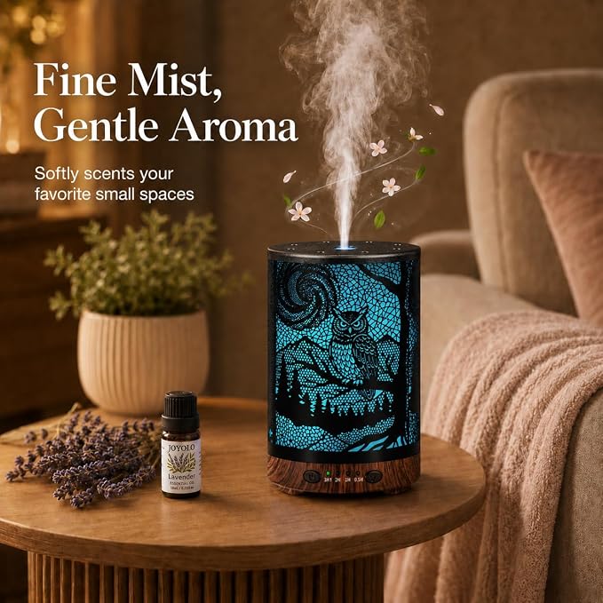Essential Oil Diffuser, 120 ml Aromatherapy Diffuser with 7 Color Lights, Auto Shut-Off and 4 Timer Settings, Ultrasonic Cool Mist Diffuser for Home Room Office (Woodland Owl)