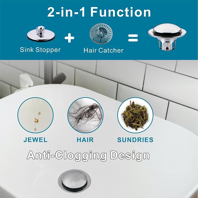 Chrome Bathroom Sink Drain Stopper,Welsan Universal Pop-Up Drain Stopper Plug Strainer with Hair Catcher for 1 1/8"-1 1/2" Drain Hole,Anti-Clogging Design Chrome Plated