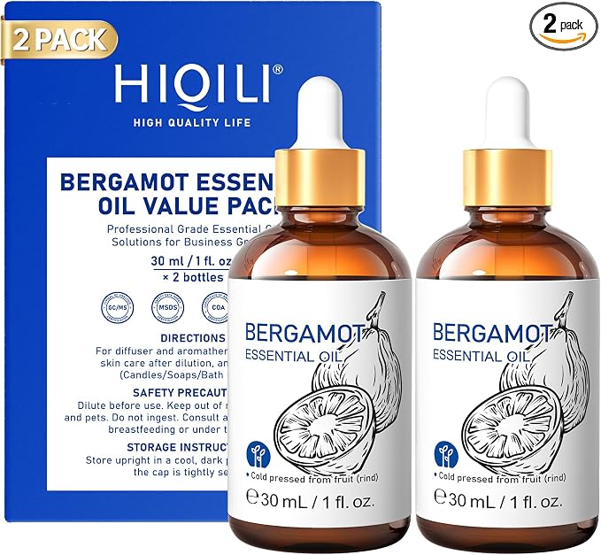HIQILI Bergamot Essential Oil Set for Diffuser, Skin & Hair | Creates Soothing and Calming Atmosphere for Home and Office, Calms Your Mind, and Works for Skin, DIY - 1 fl oz (2 pack)