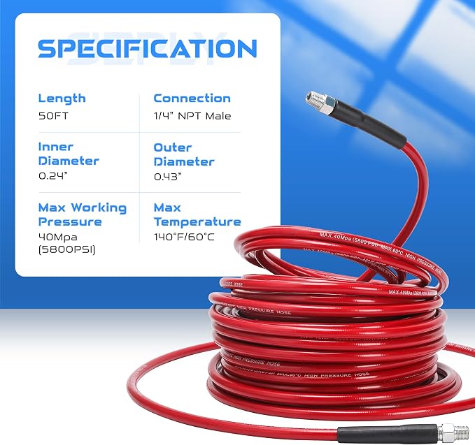 Sewer Jetter Kit for Pressure Washer, 50FT 5800 PSI Drain Cleaner Hose with 1/4" NPT Corner, Rotating and Button Hose Sewer Jetting Nozzle, Waterproof Tape, Pearl Corsage Pin, Spanner, Glove