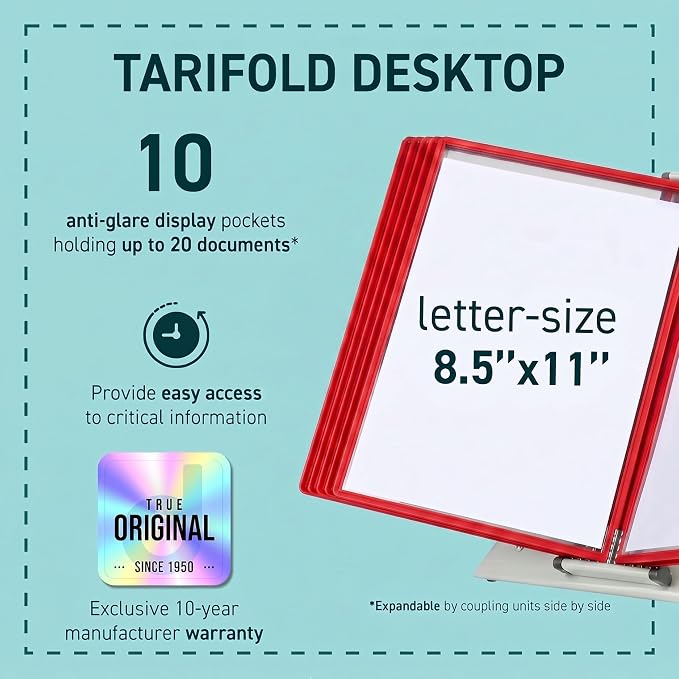 Tarifold Desktop Reference Display System, 10 Pockets, Expandable, Red | 10 double-sided PVC pockets, holds 20 letter-size sheets, sturdy metal base, quick-find indexing, quick and easy to assemble