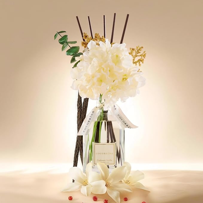 Reed Diffuser - Cashmere Vanilla 8.5 Fl.oz Flower Reed Diffuser with Sticks, Bedroom Bathroom Shelf Decor (Floral Basket Collection)