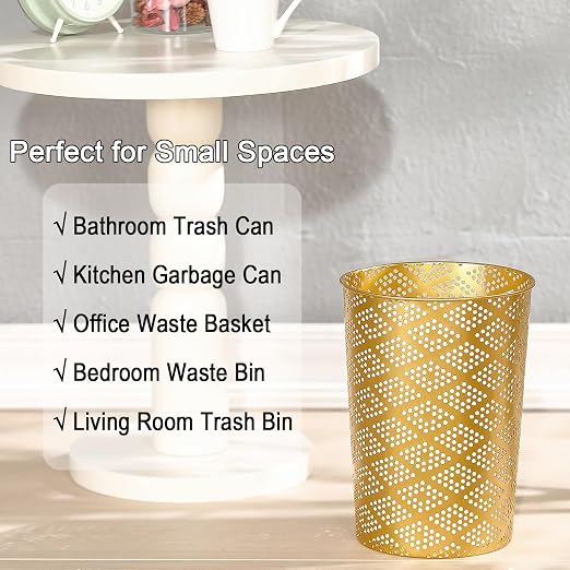 Metal Gold Trash Can, Modern Cylindrical Waste Bin for Small Spaces | 7.28" D x 10" H Luxury Gold Garbage Can | Metal Waste Basket for Office Bathroom Bedroom Decor | Modern Home Accent