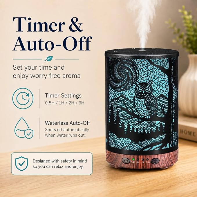 Essential Oil Diffuser, 120 ml Aromatherapy Diffuser with 7 Color Lights, Auto Shut-Off and 4 Timer Settings, Ultrasonic Cool Mist Diffuser for Home Room Office (Woodland Owl)