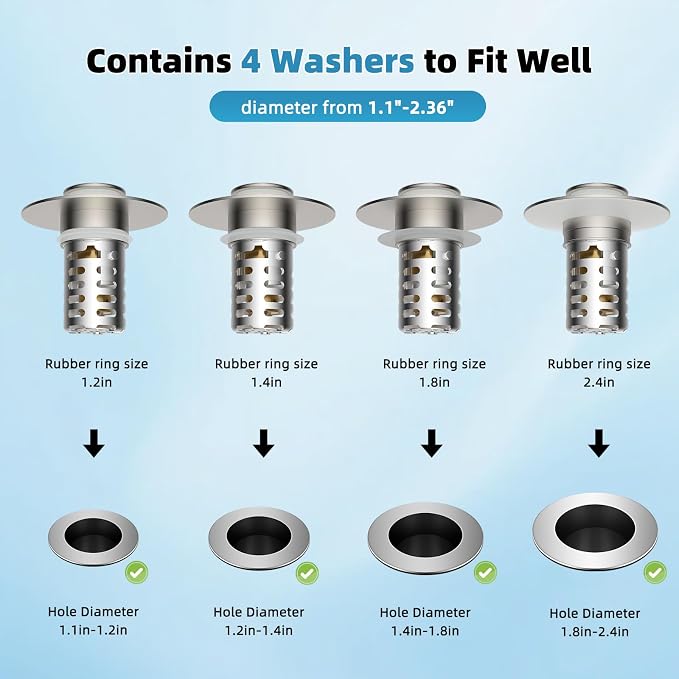Universal Metal Bathroom Sink Drain Strainer Hair Catcher Upgraded 3 in 1 Pop-up Sink Stopper, with Detachable Stainless Steel Filter Basket, Fit for Standard 1.1''~2.36'' Basin Hole, Brushed Nickle