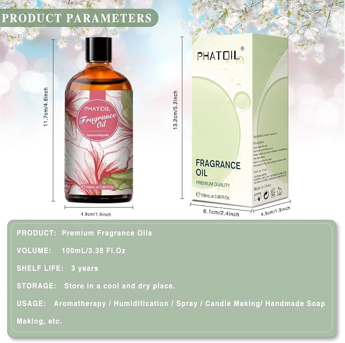PHATOIL Japanese Magnolia Fragrance Oil for Diffuser Aromatherapy 3.38FL.OZ | Long Lasting Scented Oils For Humidifier, Air Freshener, DIY Soap Candle, Scent Project Making, Aroma Oil for Home Freshening