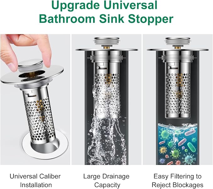 Bathroom Sink Drain Strainer,Universal Pop-Up Sink Stopper Hair Catcher, Anti-Clog Stainless Steel Drain Filter Basket, Removable Sink Drain for Bathroom Sink Stopper (Ysilver-2（with Buckle）)