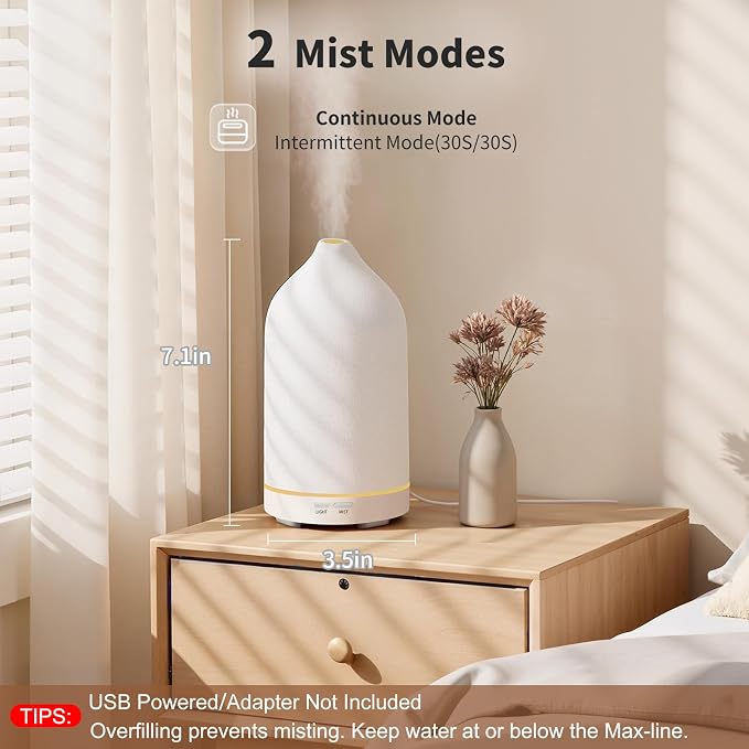 URPOWER 120mL Ceramic Essential Oil Diffuser with Quiet Mist & Auto-Off | Ultrasonic Mist with 2 Mist Modes and 7-Color LED Lighting for Bedrooms, Offices and Daily Aromatherapy