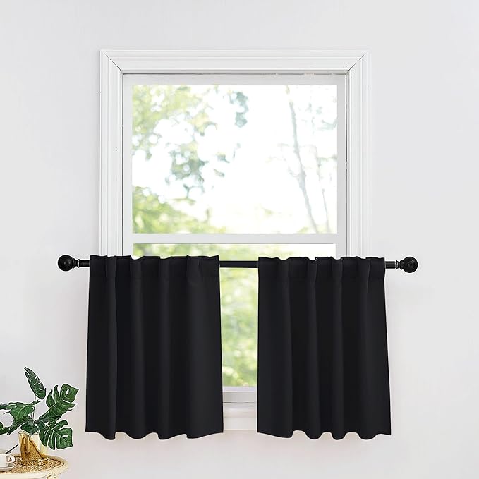 RYB HOME Small Window Curtains - Blackout Insualting Privacy Curtains for Kids Bedroom Kitchen Bathroom Basement Cafe Cabinet Tiers Drapes, 34 Width x 30 Length, 2 Panels, Black