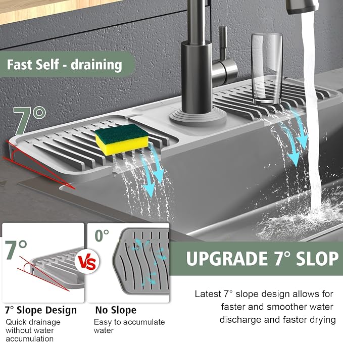 17.7-Inch Kitchen Sink Splash Guard Mat | 7° Slope for Fast Self-Draining | Snap-Lock Design | Universal & Cuttable Silicone Faucet Mat Gray