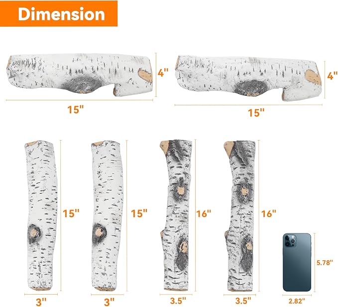 Skyflame 6 Piece Ceramic White Birch Wood Logs for Fire Pit Fireplace | Gas Fireplace Logs Set, Indoor/Outdoor Gas Inserts, Ventless, Fire Table