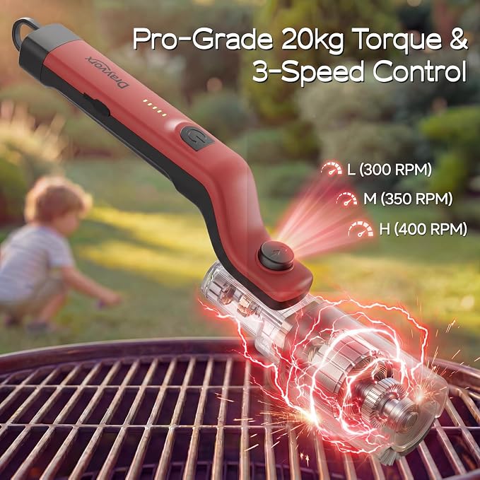 Electric Grill Brush, High Torque Grill Brush with 3-Speed Modes | 20kg Max Torque BBQ Cleaner Safe for Porcelain Cast Iron Stainless Steel, Reinforced Steel Bristles