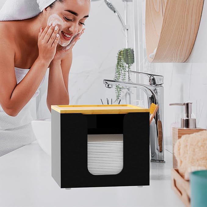 VITVITI Disposable Face Towel Holder for Clean Skin Club, Acrylic Box Black | 50 XL Face Towels Holder Container, Facial Towel Storage with Bamboo Lid, for Bathroom, Vanity Makeup