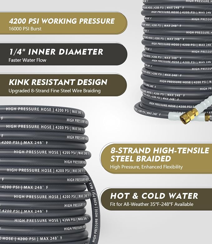 QC Installed Pressure Washer Hose 200 ft, 4200 PSI Flexible & Kink-Resistant, Steel-Braided & Durable, Power Washer Hose with 3/8" 360° Swivel Quick Connect, Hot/Cold Water Compatible, Gray