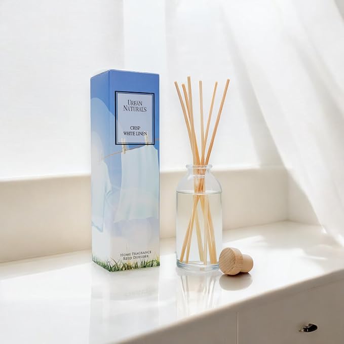 Reed Diffuser Set, Crisp White Linen - Bathroom Shelf Décor | Citrus, Ozone, Ylang-Ylang, Lilies & Sandalwood Scent Notes for a Fresh, Clean Cotton Smelling Home, Made in the USA