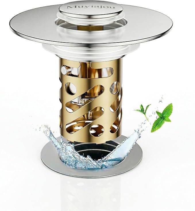 3-in-1 Universal Sink Drain Strainer,Muyiajou Pop Up Stopper with Hair Catcher, Stainless Steel Replacement Plug with Removable Filter Basket for 1.1" to 2.36" Bathroom Sink Basin (1, Gold)