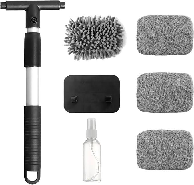 Car Windshield Cleaner Tool Kit with Extendable Handle, Vehicle Window Cleaner with 4 Microfiber Pads and 1 Empty Spray Bottle, Auto Windscreen Cleaning Tool, Universal Fit (Rectangular)