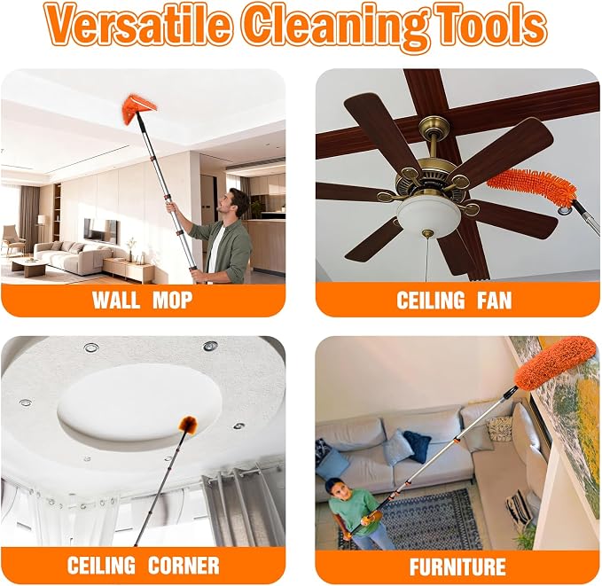 LAANPOLE 26FT Reach Dusters for Cleaning, Ceiling Fan Cleaner Duster with Extension Pole, Wall and Baseboard Cleaner Mop with Handle for Window Cobweb Fan Blade and High Ceiling