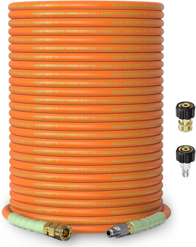 3/8" ID Pressure Washer Hose 150 ft, 4800 PSI Steel-Braided & Durable - Flexible & Kink-Resistant, Power Washer Hose with Swivel Quick Connect & M22-14mm Adapter, Hot/Cold Water Compatible