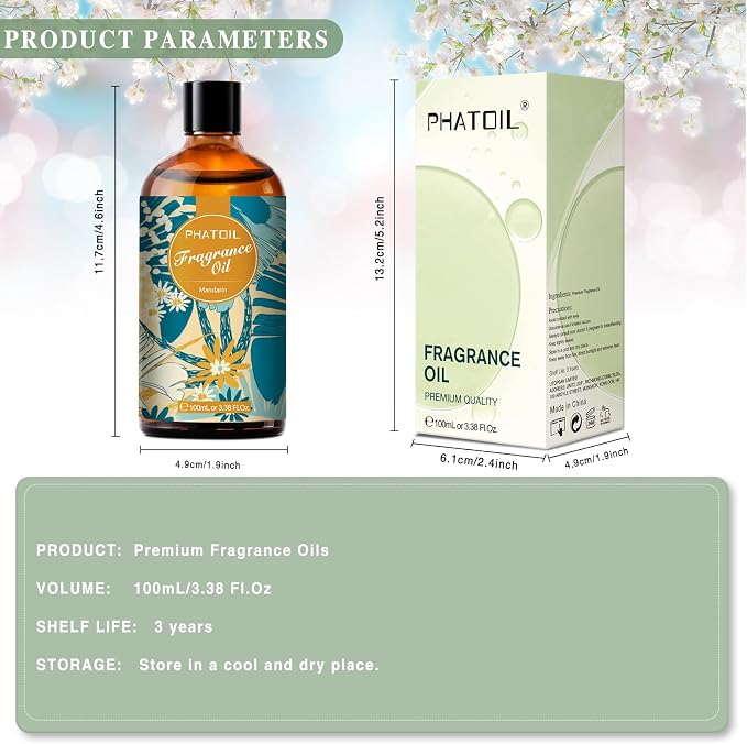 PHATOIL Mandarin Fragrance Oil for Diffuser Aromatherapy 3.38FL.OZ | Long Lasting Scented Oils For Humidifier, Air Freshener, DIY Soap Candle, Scent Project Making, Aroma Oil for Home Freshening